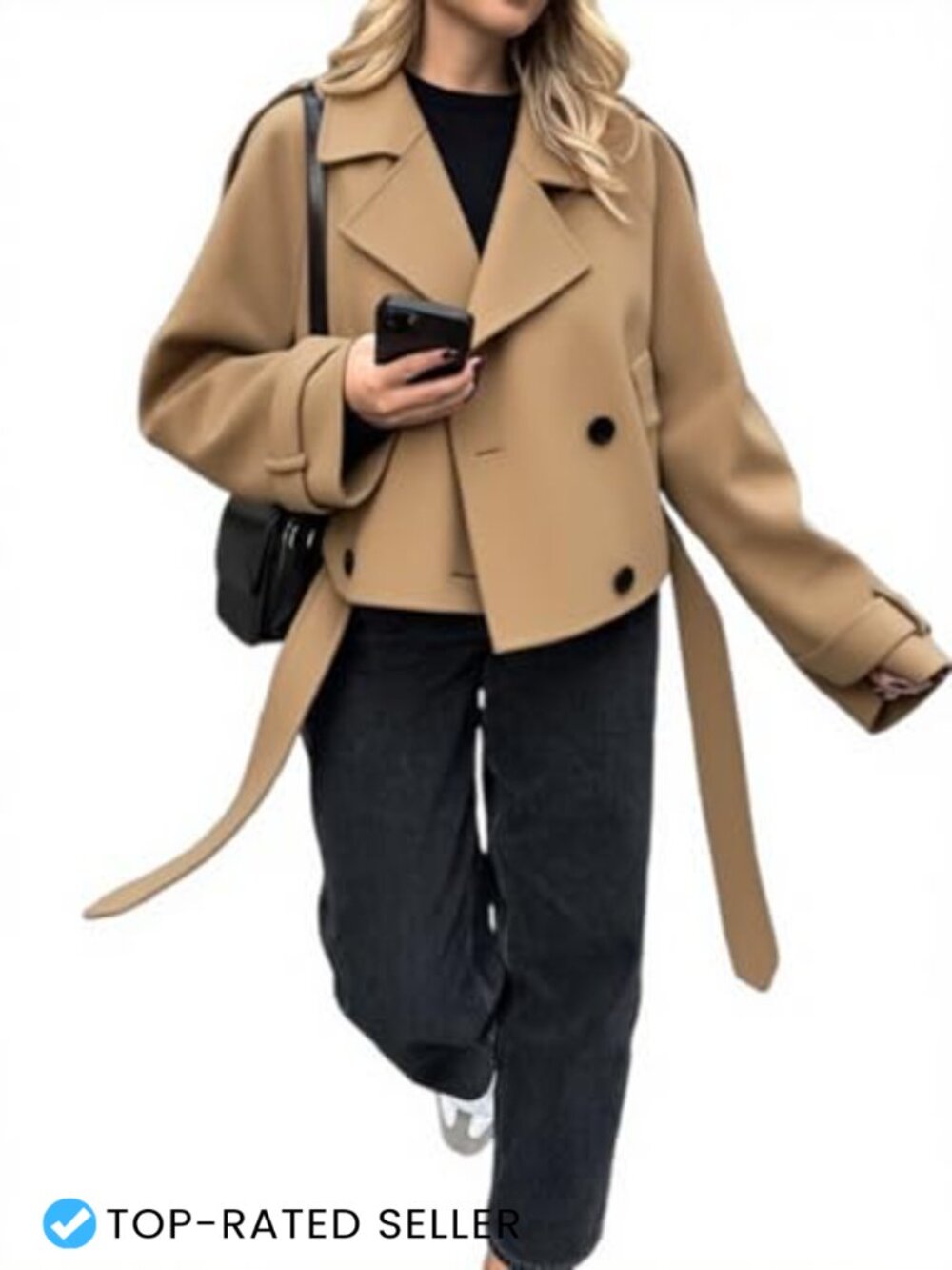 Cropped Wool Blend Pea Coat Belted Double Breasted Trench Coat with Pockets